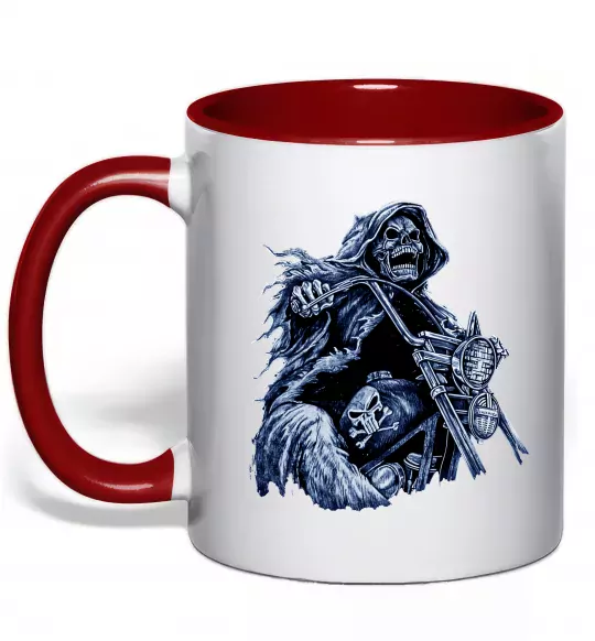 Чашка с цветной ручкой Скелет на байку Красный фото