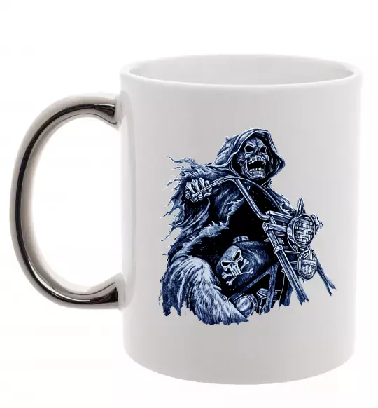 Чашка с цветной ручкой Скелет на байку Серебро фото