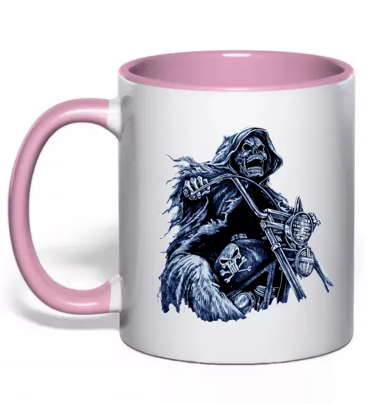 Чашка с цветной ручкой Скелет на байку Нежно розовый фото