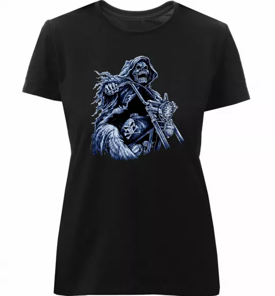 Женская премиум футболка Скелет на байку Черный фото