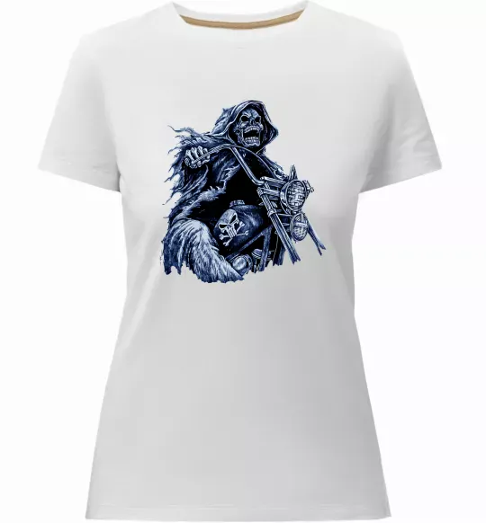 Женская премиум футболка Скелет на байку Белый фото