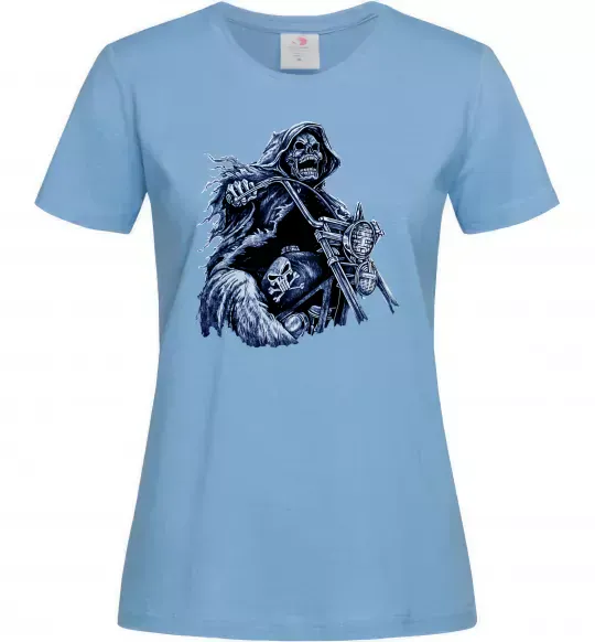 Жіноча футболка Скелет на байку Блакитний фото