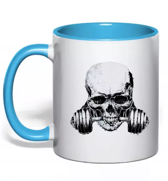 Чашка с цветной ручкой Череп з гантелею Голубой фото