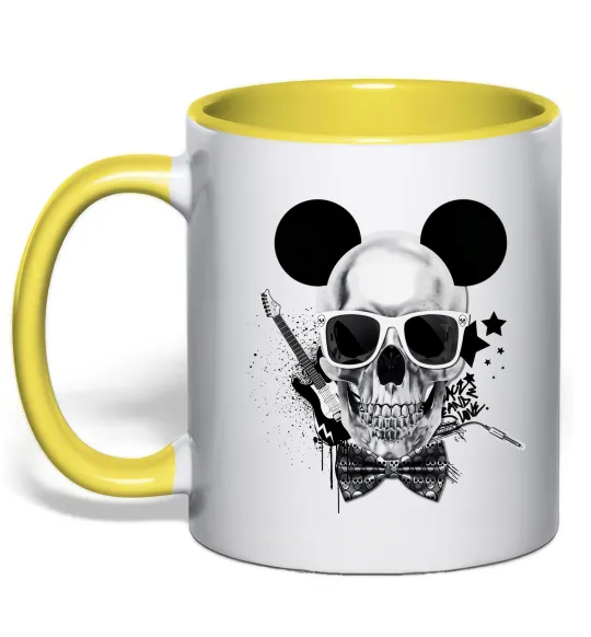 Чашка с цветной ручкой Череп з метеликом та вухами Лимонный фото
