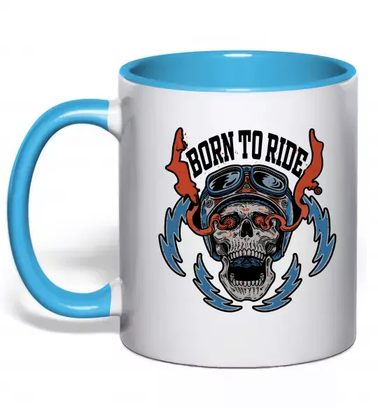 Чашка з кольоровою ручкою Born to ride burning eyes Блакитний фото