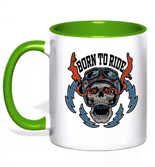 Чашка з кольоровою ручкою Born to ride burning eyes Зелений фото
