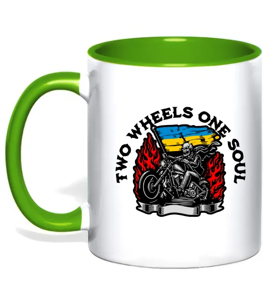 Чашка с цветной ручкой Two wheels one soul Лаймовый фото
