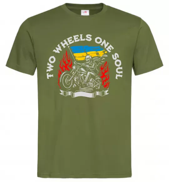 Мужская футболка Two wheels one soul Оливковый фото