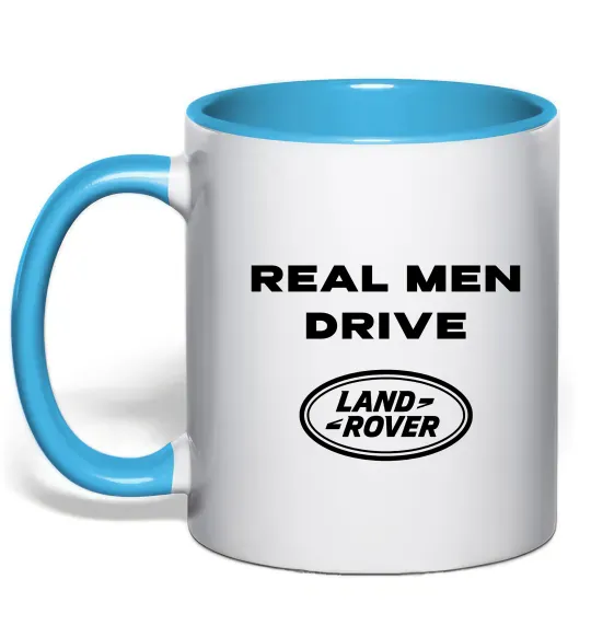 Чашка з кольоровою ручкою Real men drive Land Rover Блакитний фото