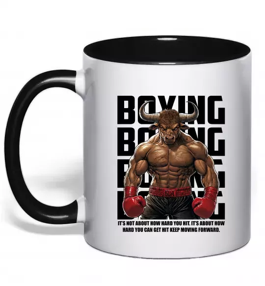 Чашка з кольоровою ручкою Boxing minotaur Чорний фото