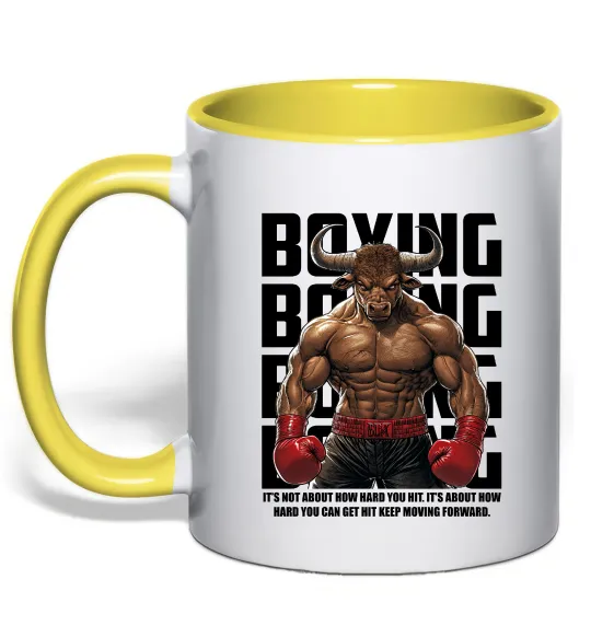 Чашка з кольоровою ручкою Boxing minotaur Лимонний фото