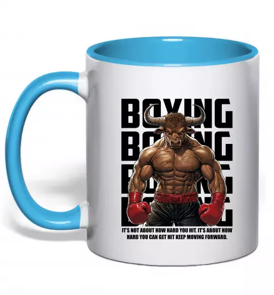 Чашка з кольоровою ручкою Boxing minotaur Блакитний фото