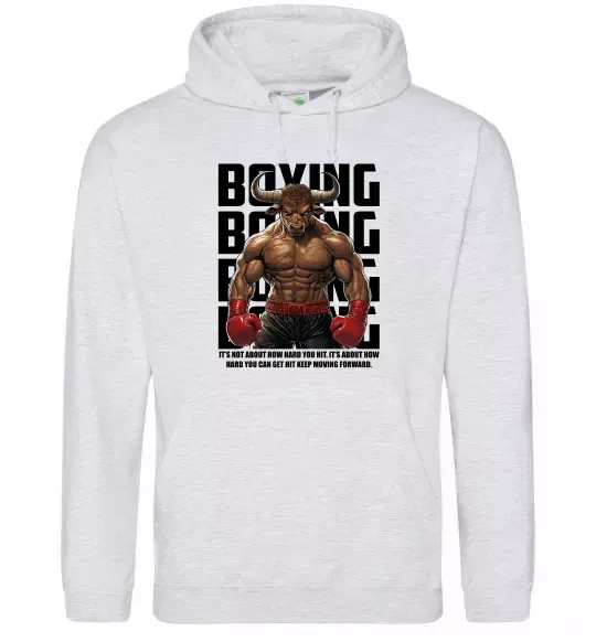 Мужская толстовка (худи) Boxing minotaur Серый меланж фото