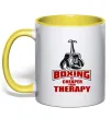 Чашка с цветной ручкой Boxing is cheaper than therapy Лимонный фото