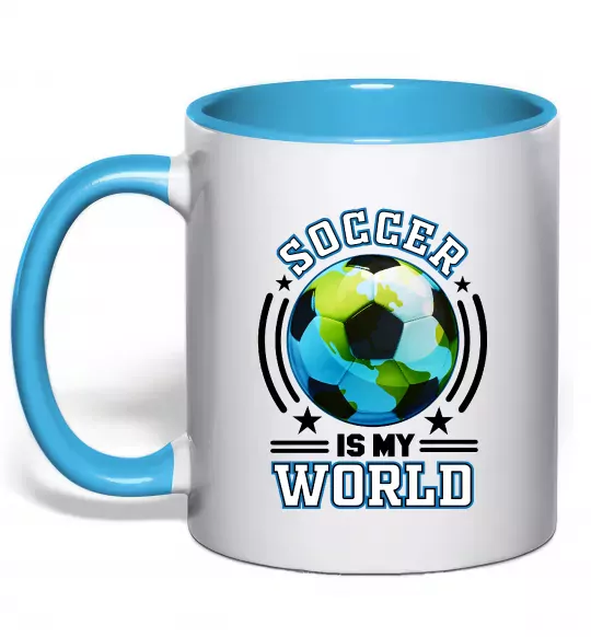 Чашка с цветной ручкой Soccer is my world Голубой фото