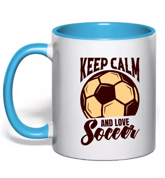Чашка з кольоровою ручкою Keep calm and love Soccer Блакитний фото