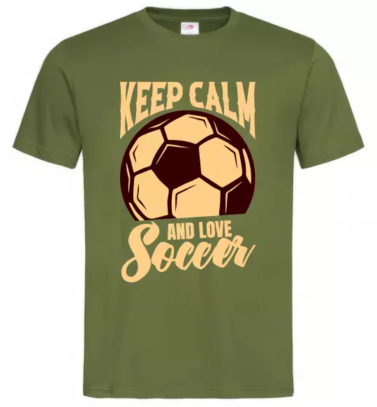 Мужская футболка Keep calm and love Soccer Оливковый фото