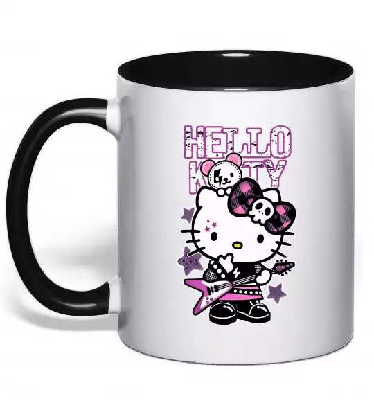 Чашка з кольоровою ручкою Rock kitty Чорний фото