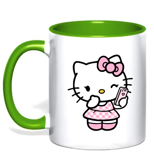 Чашка с цветной ручкой Hello kitty phone Лаймовый фото