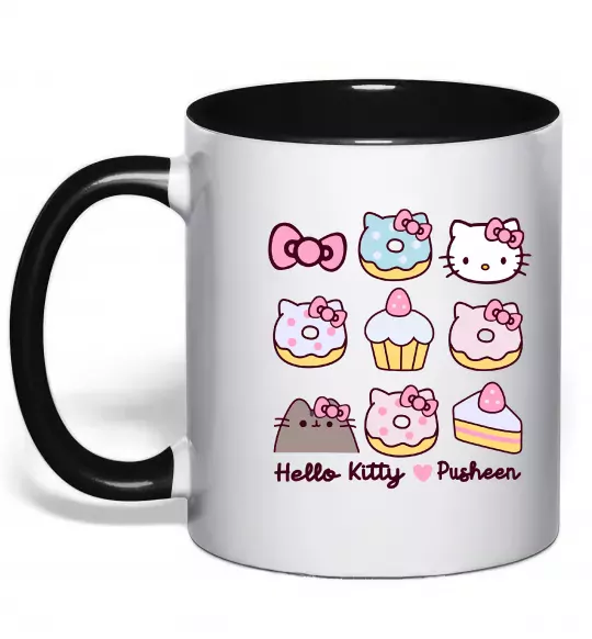 Чашка с цветной ручкой Hello kitty and pusheen Черный фото