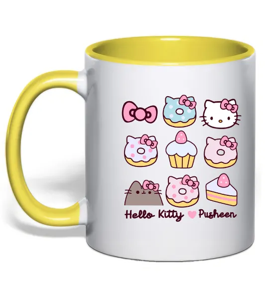 Чашка з кольоровою ручкою Hello kitty and pusheen Лимонний фото