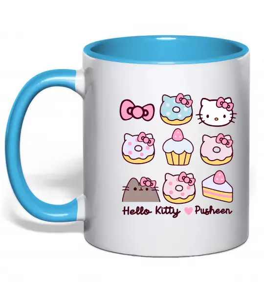 Чашка с цветной ручкой Hello kitty and pusheen Голубой фото
