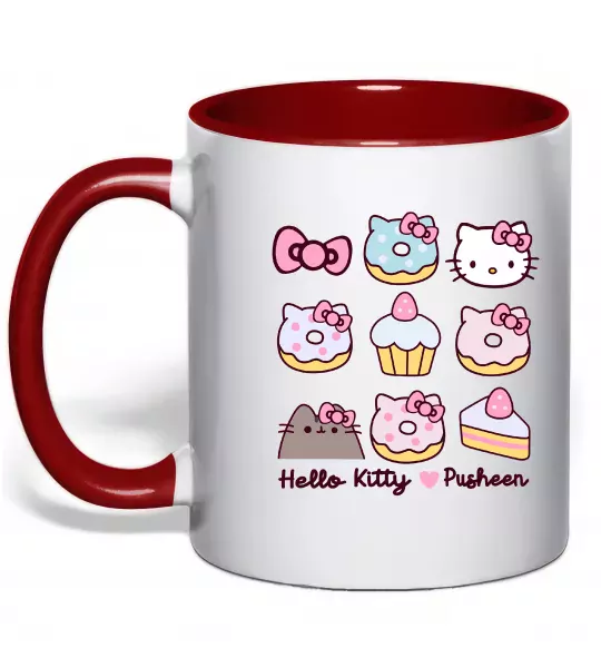 Чашка с цветной ручкой Hello kitty and pusheen Красный фото