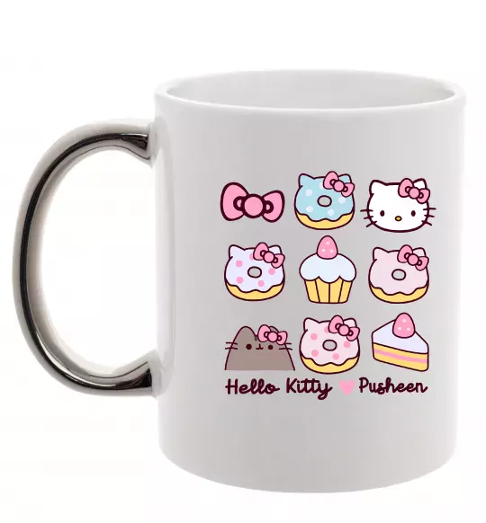 Чашка с цветной ручкой Hello kitty and pusheen Серебро фото
