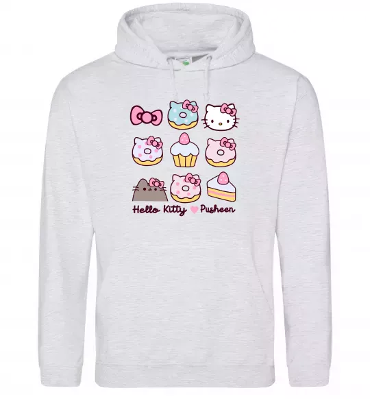Женская толстовка (худи) Hello kitty and pusheen Серый меланж фото