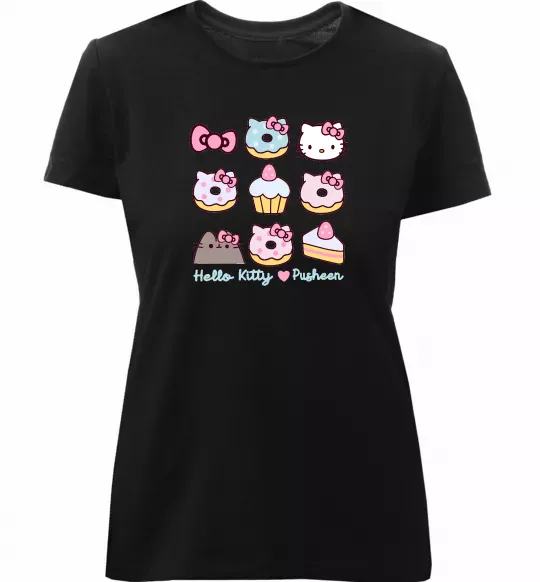 Жіноча преміум футболка Hello kitty and pusheen Чорний фото