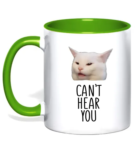 Чашка з кольоровою ручкою Can`t hear you cat Лаймовий фото