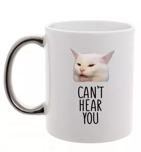 Чашка з кольоровою ручкою Can`t hear you cat Срібло фото