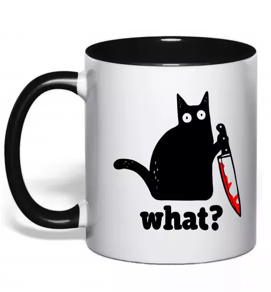 Чашка с цветной ручкой Cat with knife Черный фото