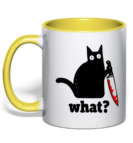 Чашка з кольоровою ручкою Cat with knife Лимонний фото