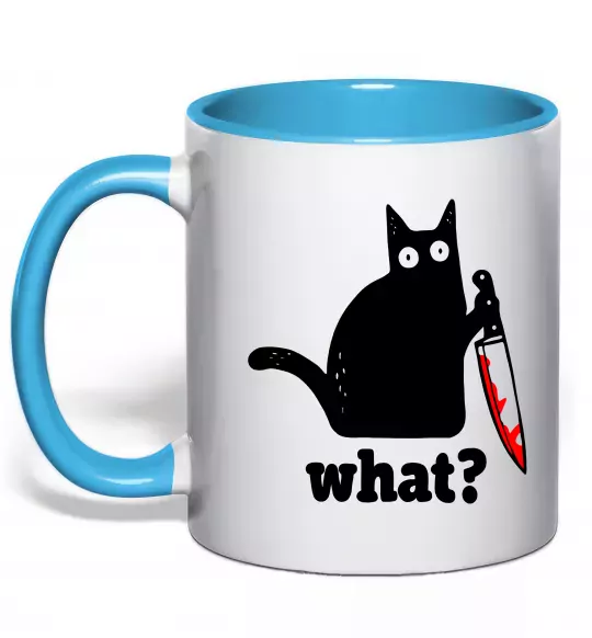 Чашка с цветной ручкой Cat with knife Голубой фото