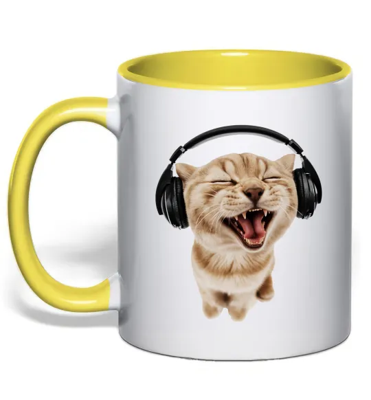 Чашка з кольоровою ручкою Кіт в навушниках Лимонний фото
