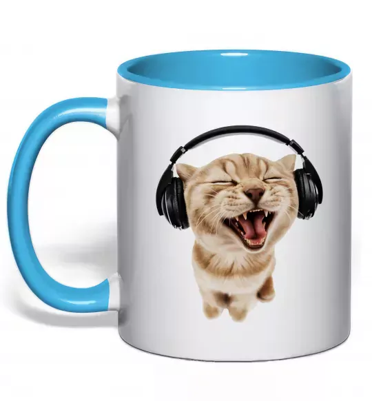 Чашка з кольоровою ручкою Кіт в навушниках Блакитний фото
