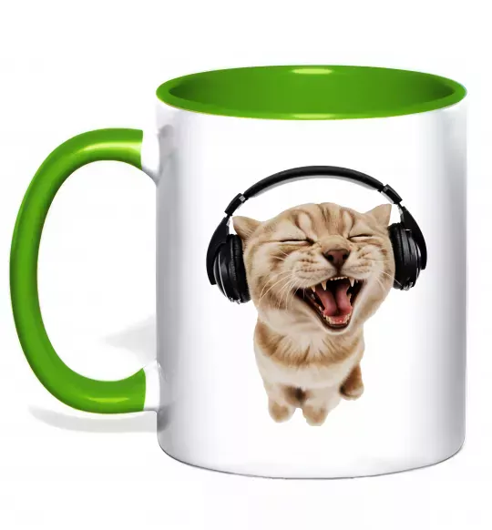Чашка з кольоровою ручкою Кіт в навушниках Зелений фото
