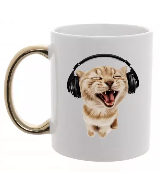 Чашка з кольоровою ручкою Кіт в навушниках Золото фото