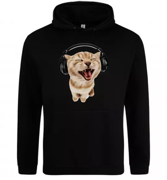 Чоловіча толстовка (худі) Кіт в навушниках Чорний фото
