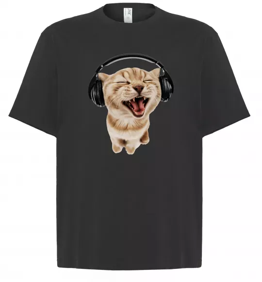 Футболка Оверсайз Кіт в навушниках Чорний фото