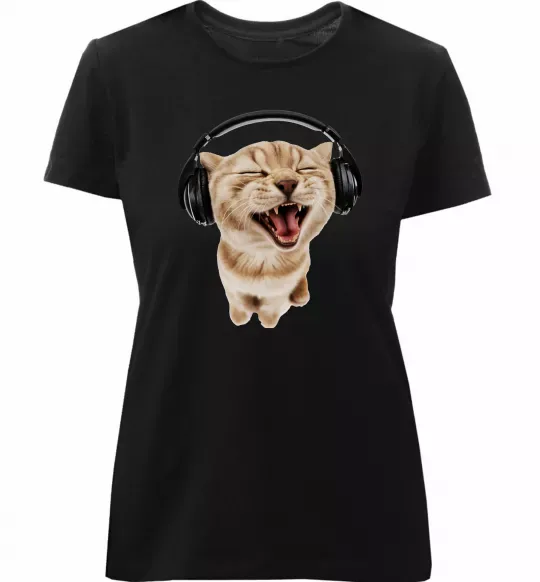Жіноча преміум футболка Кіт в навушниках Чорний фото