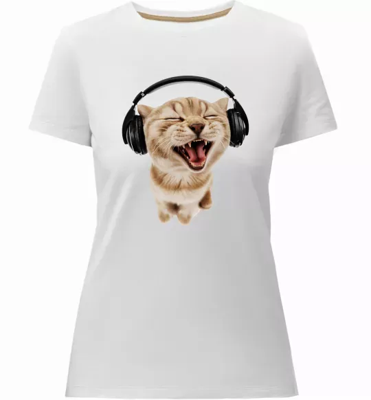 Жіноча преміум футболка Кіт в навушниках Білий фото