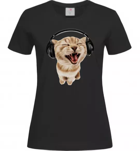 Женская футболка Кіт в навушниках Черный фото