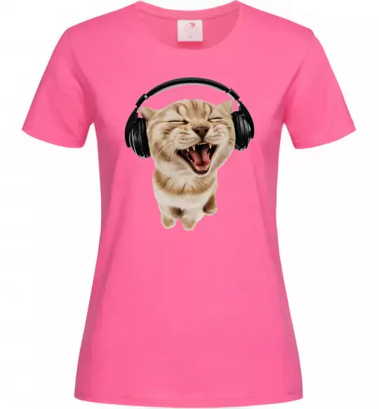 Женская футболка Кіт в навушниках Ярко-розовый фото