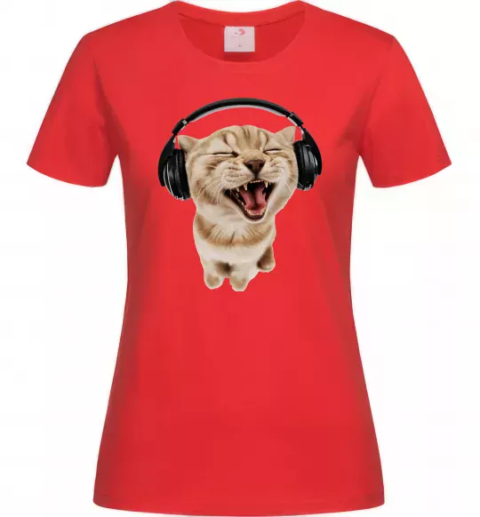 Женская футболка Кіт в навушниках Красный фото