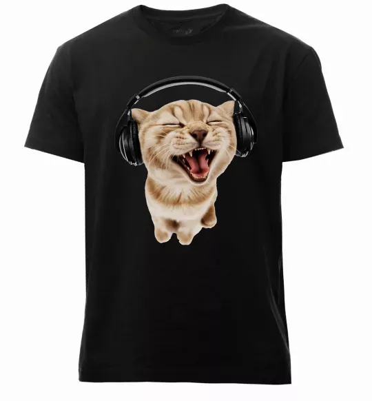 Чоловіча преміум футболка Кіт в навушниках Чорний фото