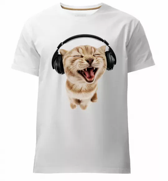 Чоловіча преміум футболка Кіт в навушниках Білий фото