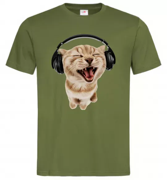 Чоловіча футболка Кіт в навушниках Оливковий фото