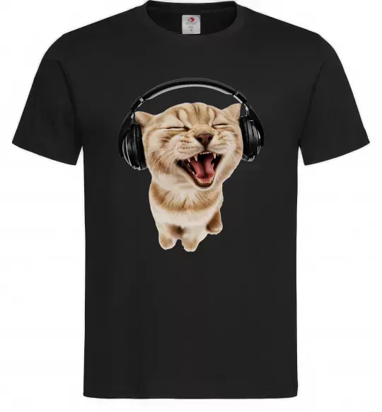 Чоловіча футболка Кіт в навушниках Чорний фото